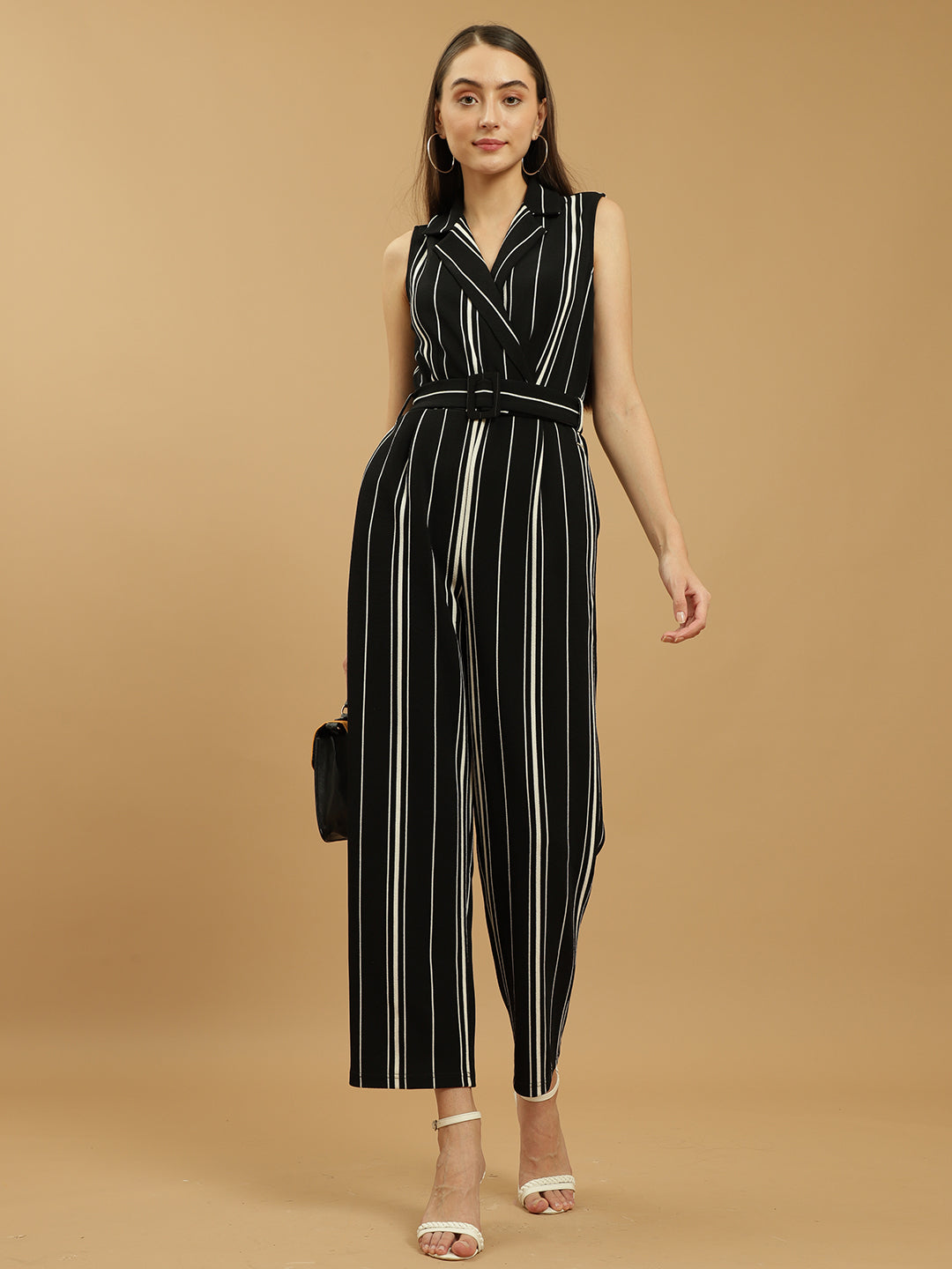 Straight Ankle-length Zip-Up Sleeveless Striped Women's Jumpsuit
