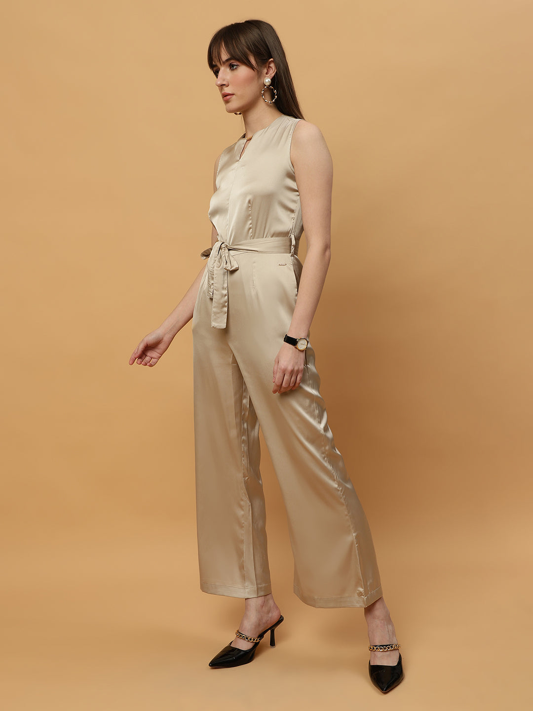 Champagne Gold Round Neck Poly Satin Jumpsuit