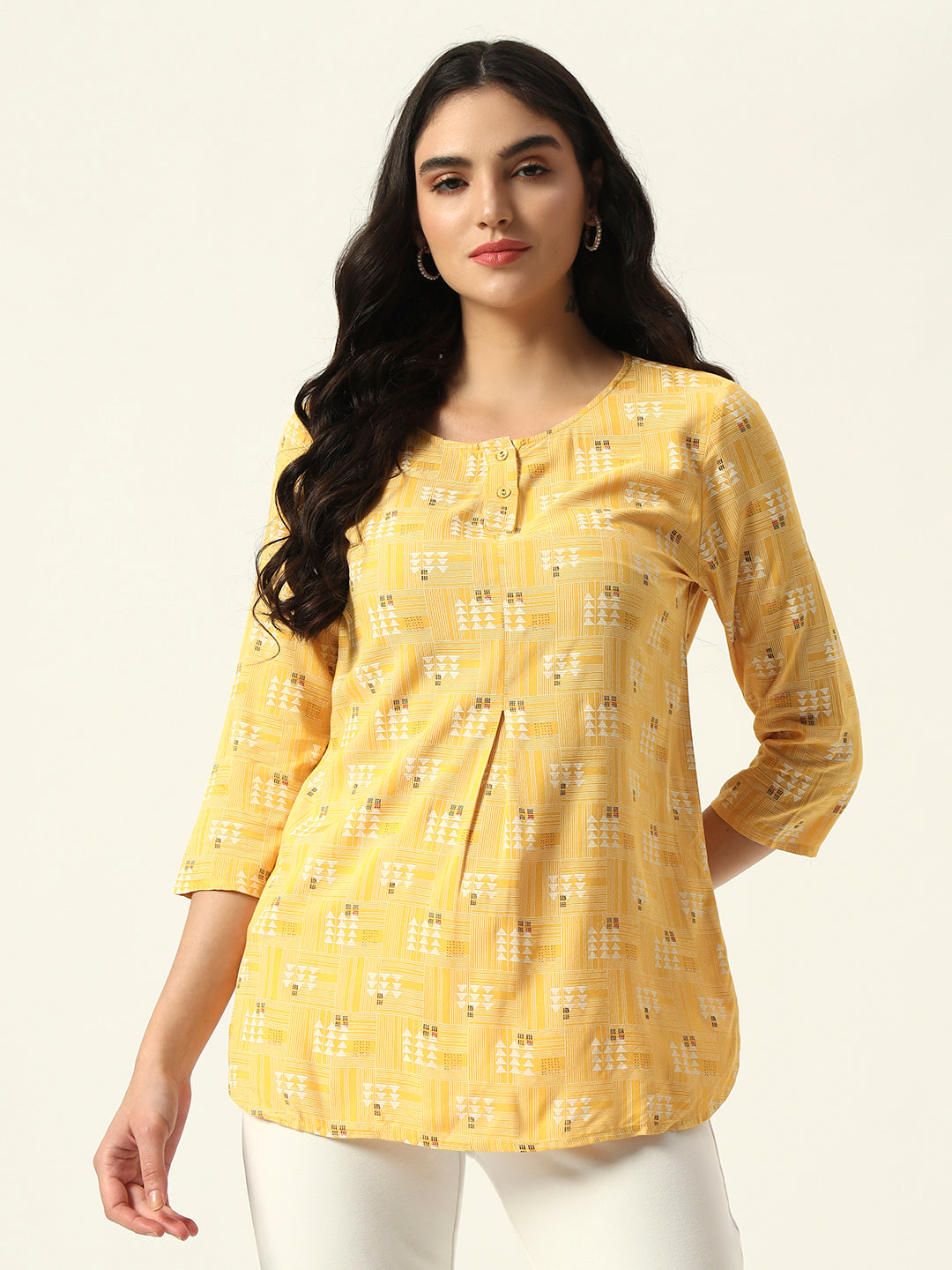 Beatnik Round Neck Yellow Women Tunics