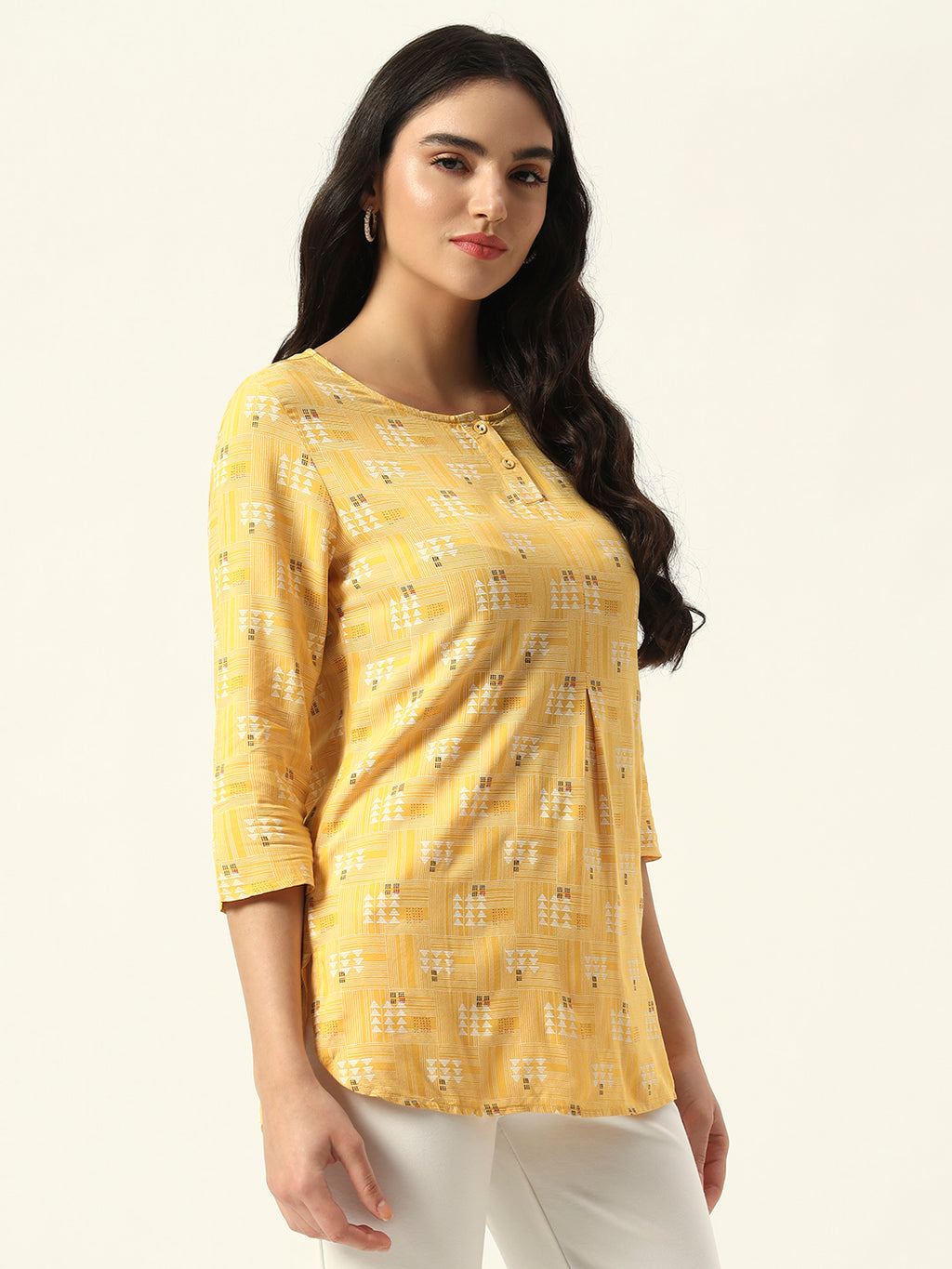 Beatnik Round Neck Yellow Women Tunics