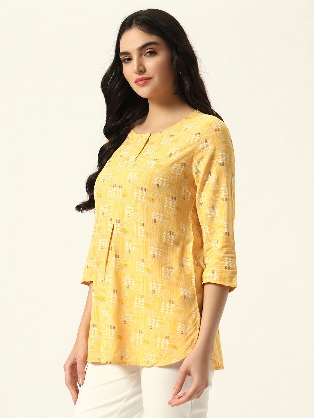 Beatnik Round Neck Yellow Women Tunics
