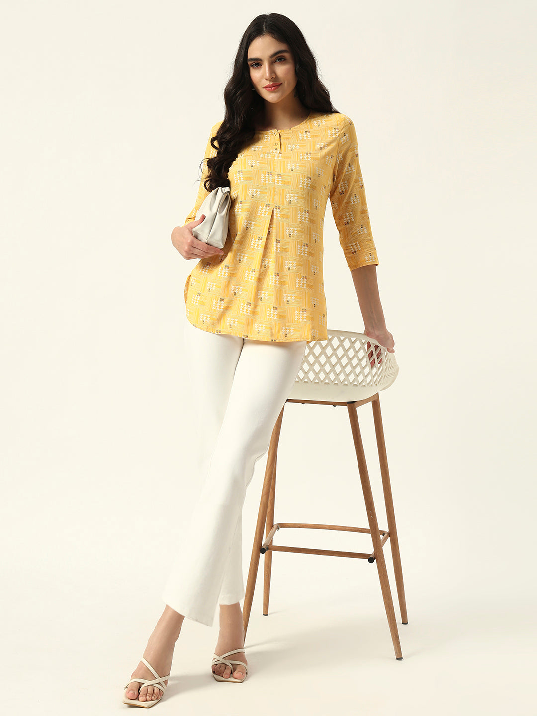 Beatnik Round Neck Yellow Women Tunics