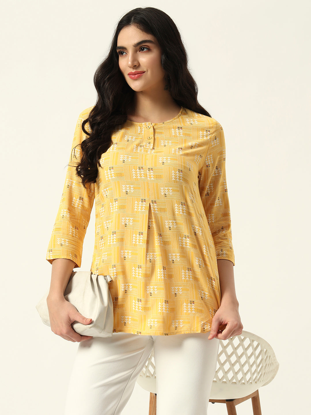 Beatnik Round Neck Yellow Women Tunics