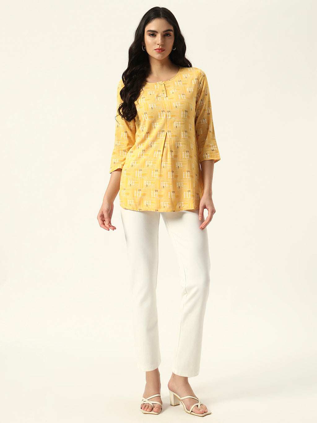 Beatnik Round Neck Yellow Women Tunics