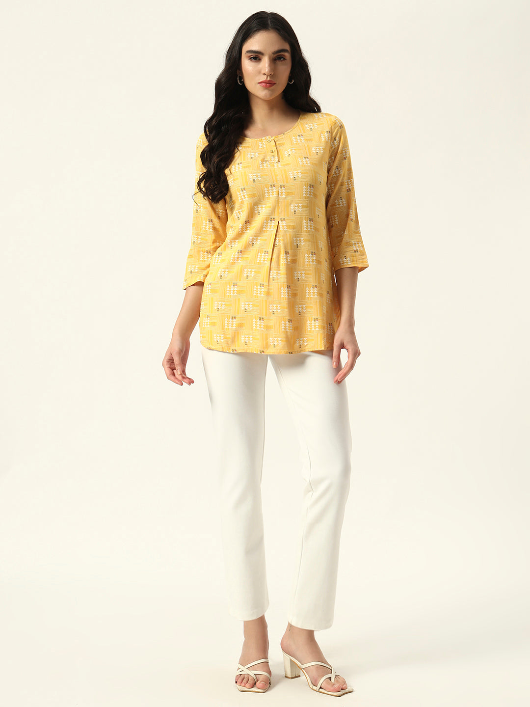 Beatnik Round Neck Yellow Women Tunics
