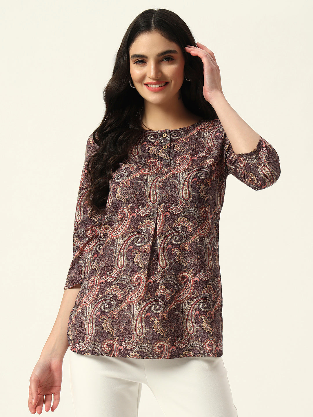 Beatnik Purple Printed Casual Wear 3/4th Sleeve Flared Tunic