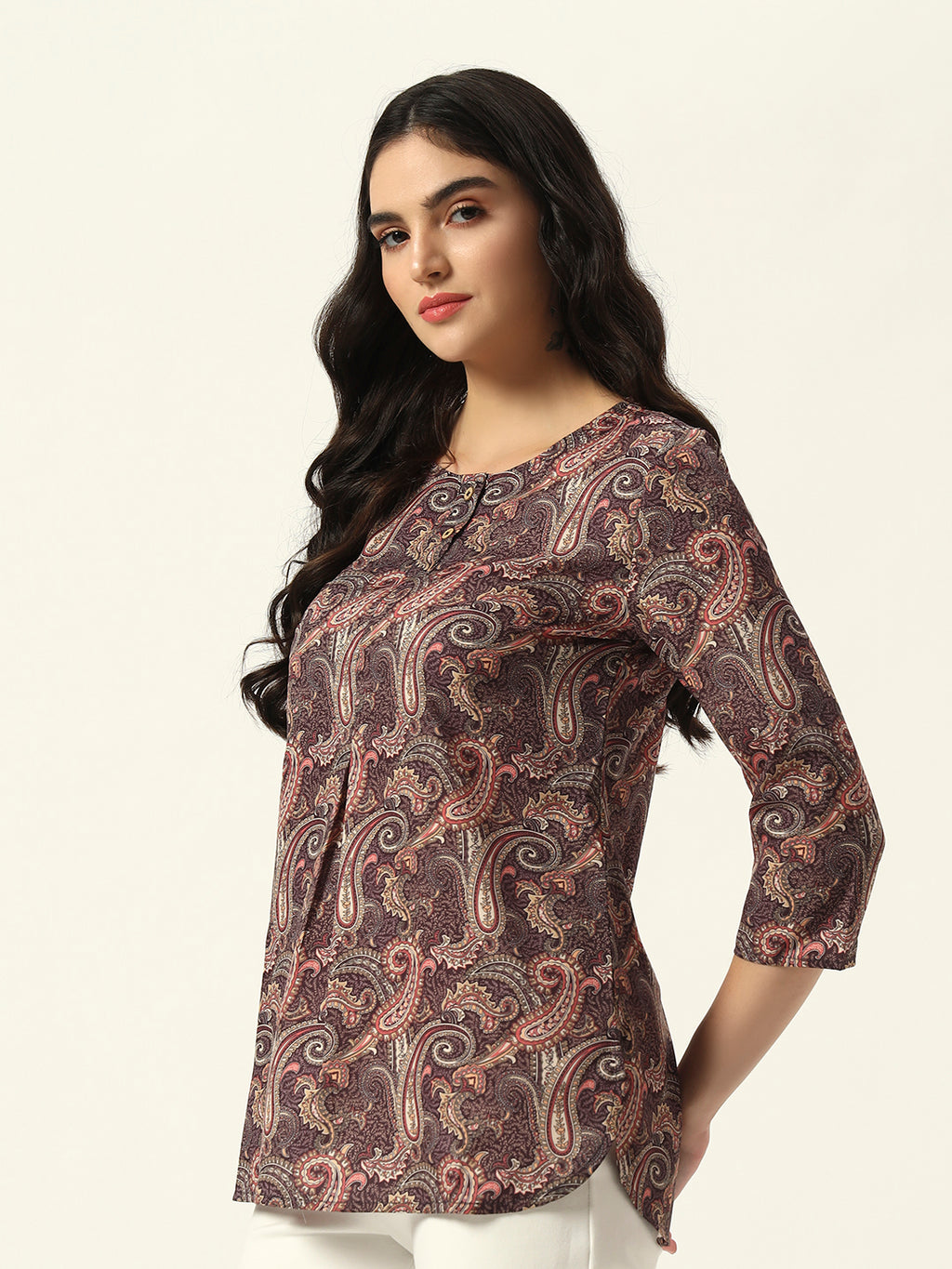 Beatnik Purple Printed Casual Wear 3/4th Sleeve Flared Tunic