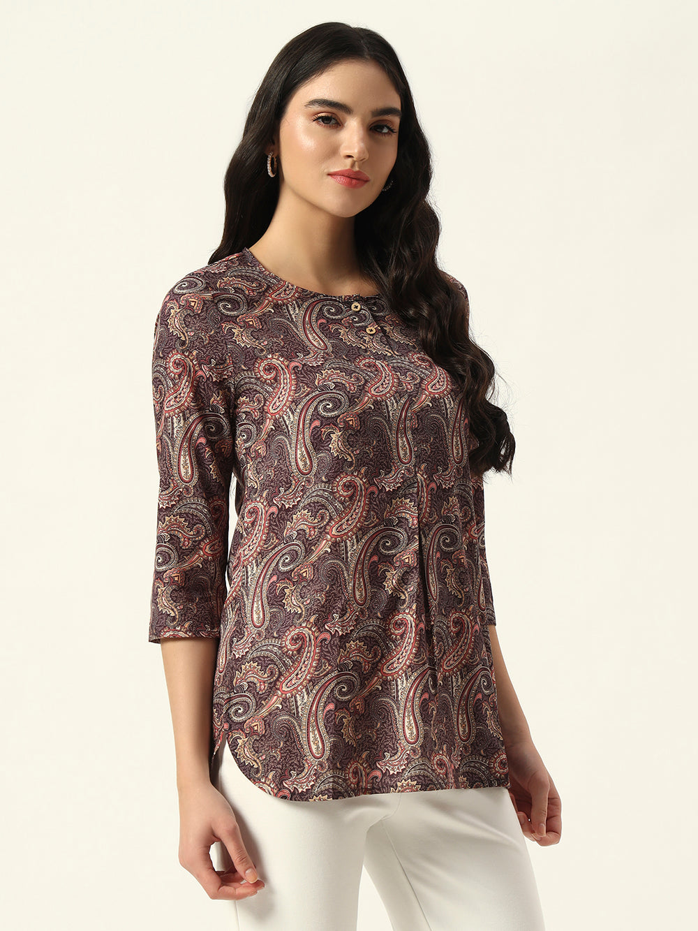 Beatnik Purple Printed Casual Wear 3/4th Sleeve Flared Tunic