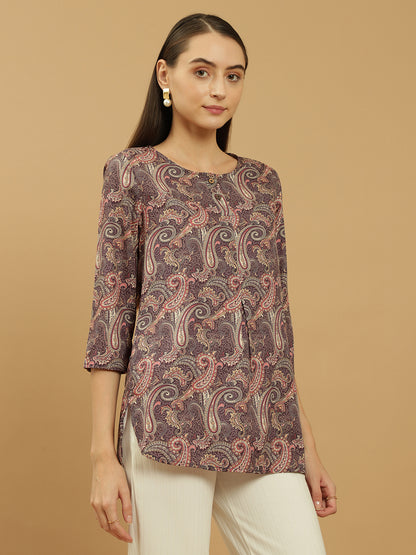 Beatnik Purple Printed Casual Wear 3/4th Sleeve Flared Tunic Beatnik India