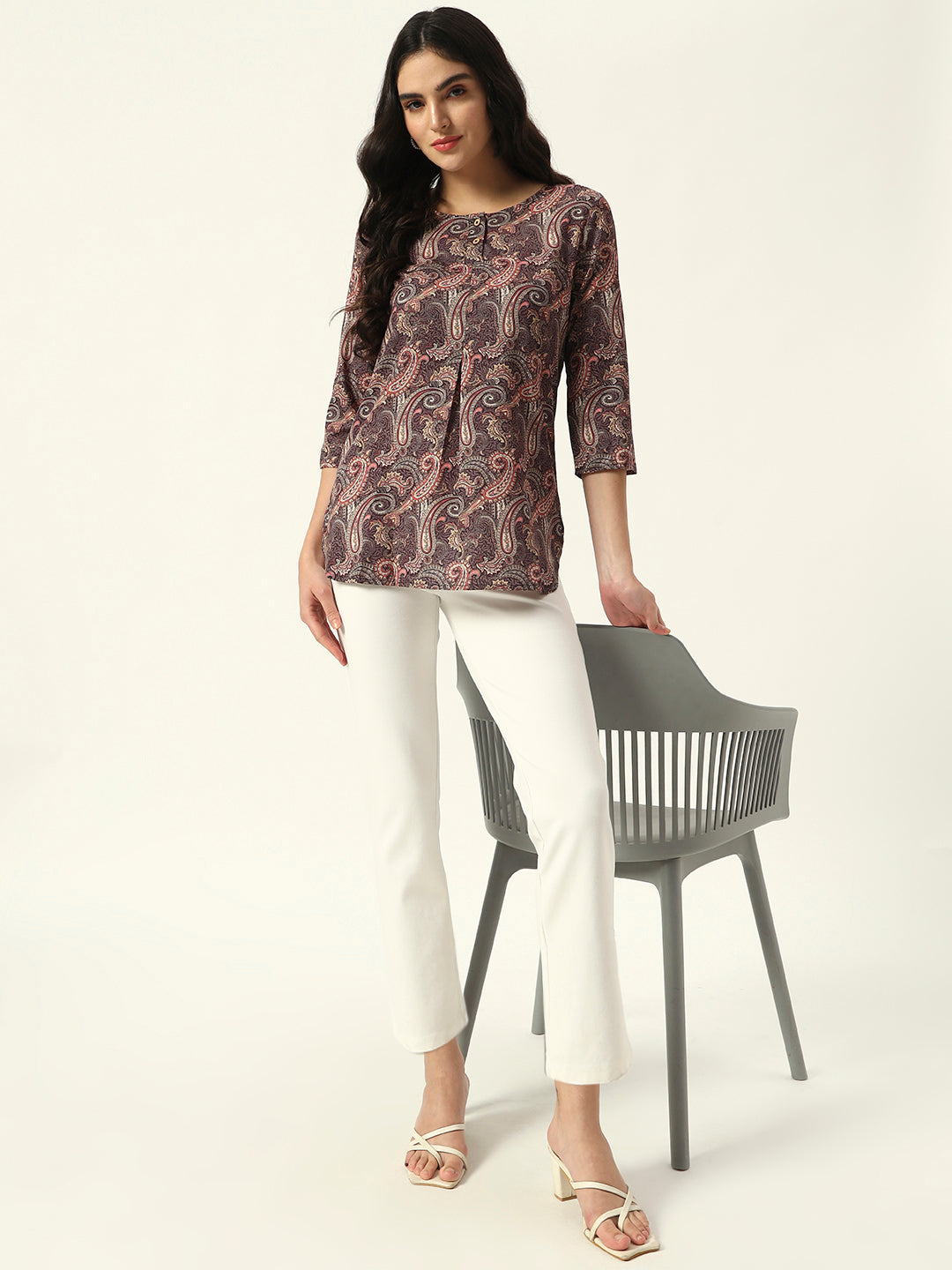 Beatnik Purple Printed Casual Wear 3/4th Sleeve Flared Tunic