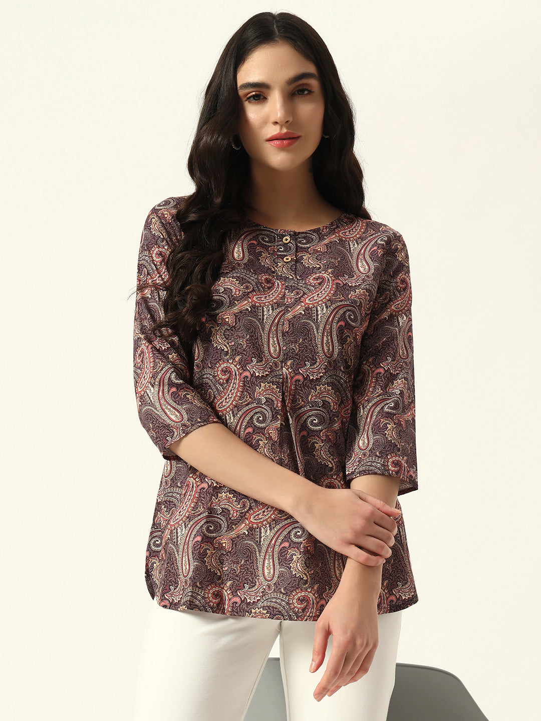 Beatnik Purple Printed Casual Wear 3/4th Sleeve Flared Tunic