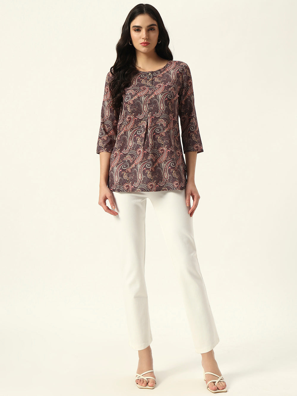 Beatnik Purple Printed Casual Wear 3/4th Sleeve Flared Tunic