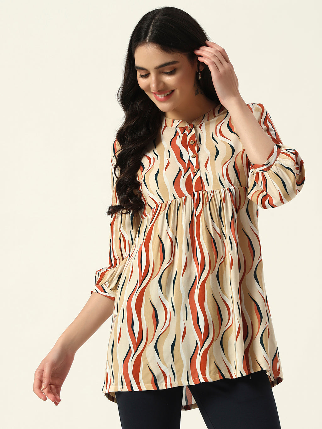 Beatnik Printed Casual Wear 3/4th Sleeve Mandarin Collar Flared Beige Tunic