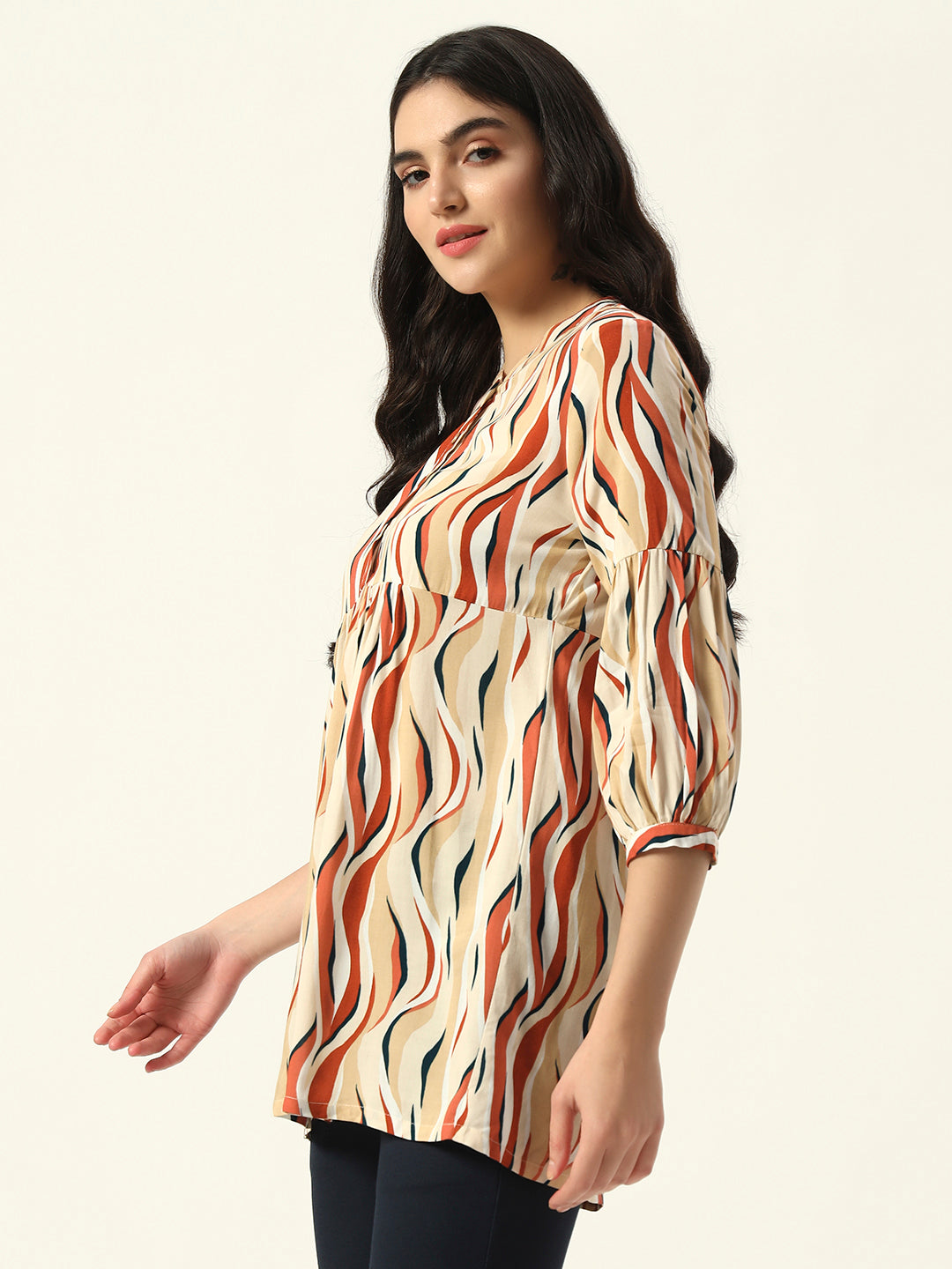 Beatnik Printed Casual Wear 3/4th Sleeve Mandarin Collar Flared Beige Tunic