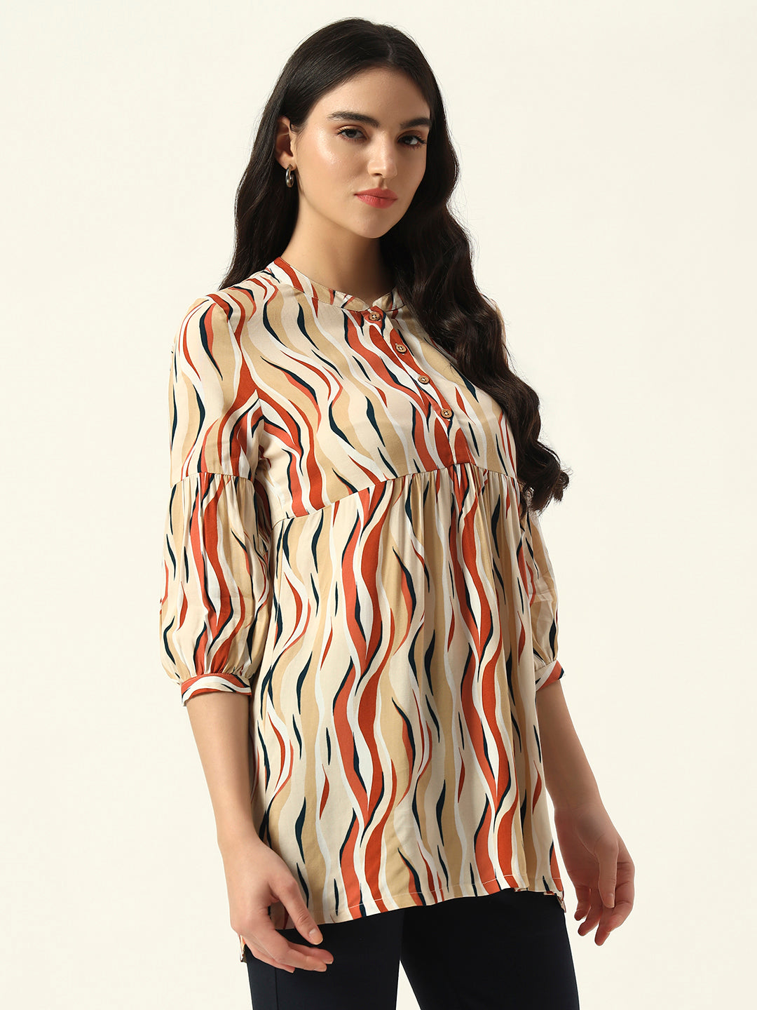 Beatnik Printed Casual Wear 3/4th Sleeve Mandarin Collar Flared Beige Tunic