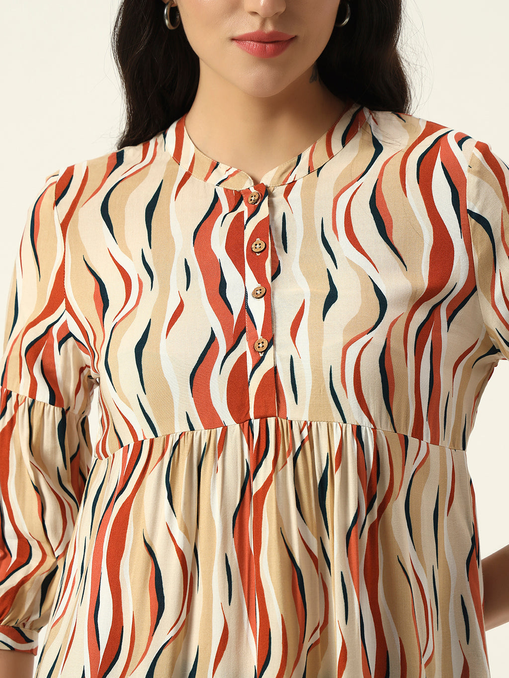 Beatnik Printed Casual Wear 3/4th Sleeve Mandarin Collar Flared Beige Tunic