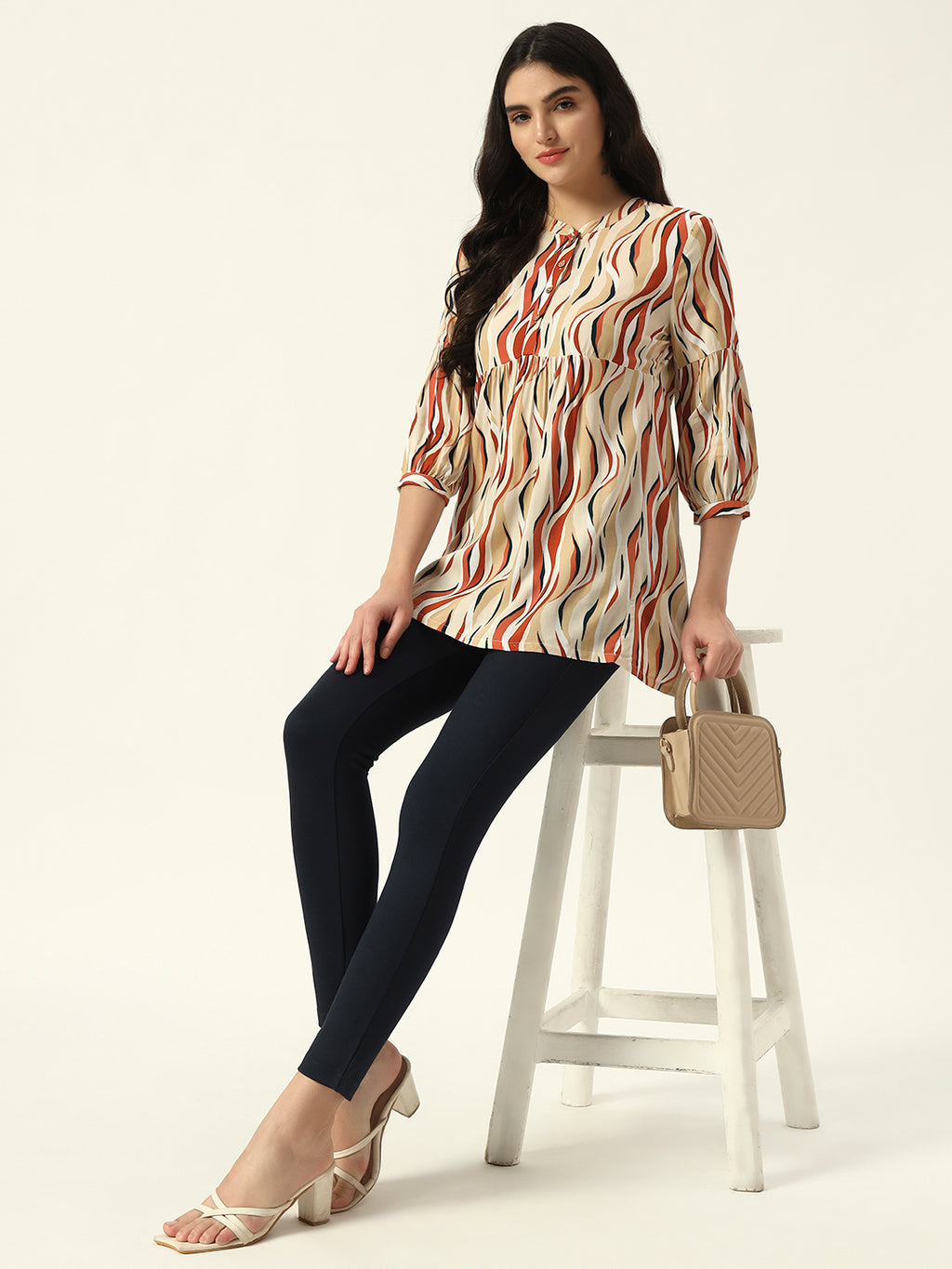 Beatnik Printed Casual Wear 3/4th Sleeve Mandarin Collar Flared Beige Tunic