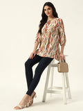 Beatnik Printed Casual Wear 3/4th Sleeve Mandarin Collar Flared Beige Tunic