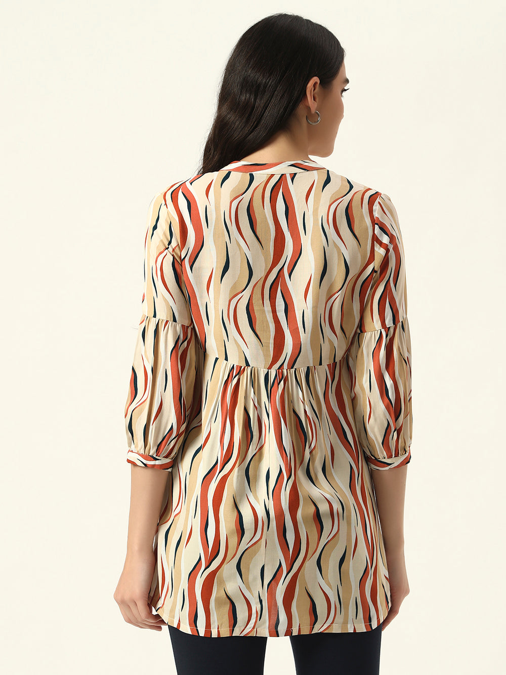 Beatnik Printed Casual Wear 3/4th Sleeve Mandarin Collar Flared Beige Tunic