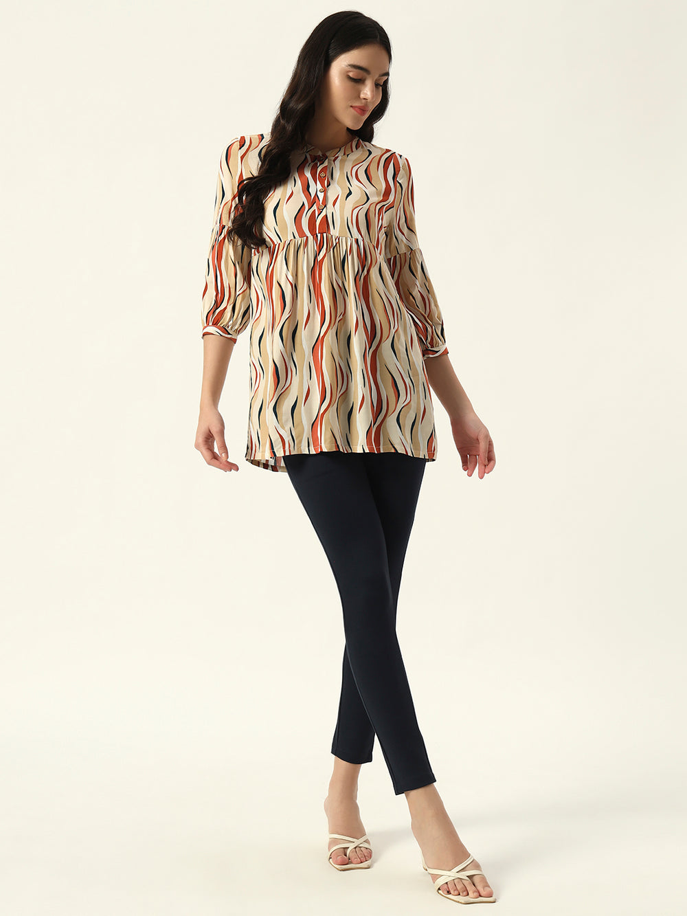 Beatnik Printed Casual Wear 3/4th Sleeve Mandarin Collar Flared Beige Tunic