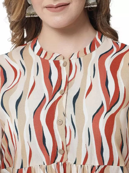 Beatnik Printed Casual Wear 3/4th Sleeve Mandarin Collar Flared Beige Tunic Beatnik India