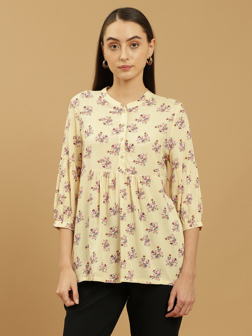 Beatnik Printed Casual Wear 3/4th Sleeve Flared Beige Tunic Beatnik India