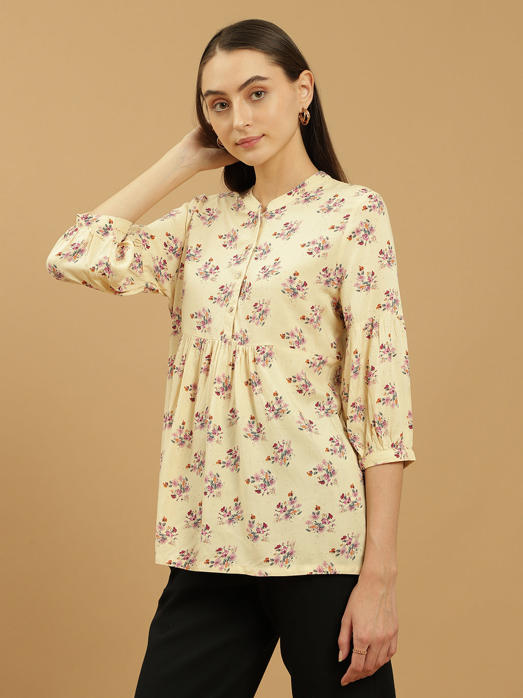 Beatnik Printed Casual Wear 3/4th Sleeve Flared Beige Tunic Beatnik India