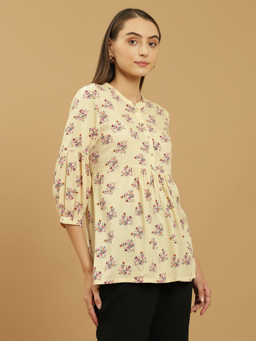 Beatnik Printed Casual Wear 3/4th Sleeve Flared Beige Tunic Beatnik India