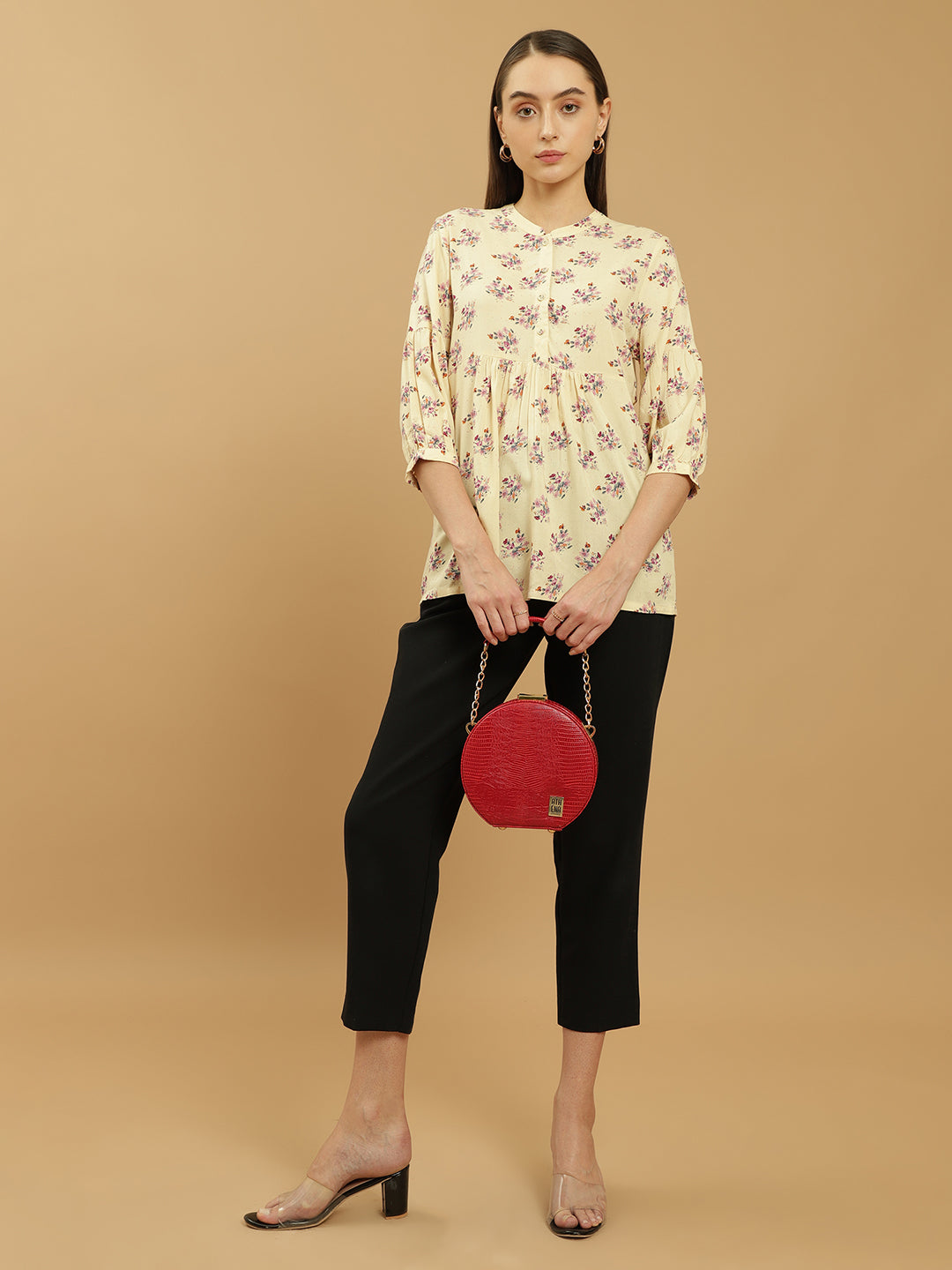 Beatnik Printed Casual Wear 3/4th Sleeve Flared Beige Tunic Beatnik India