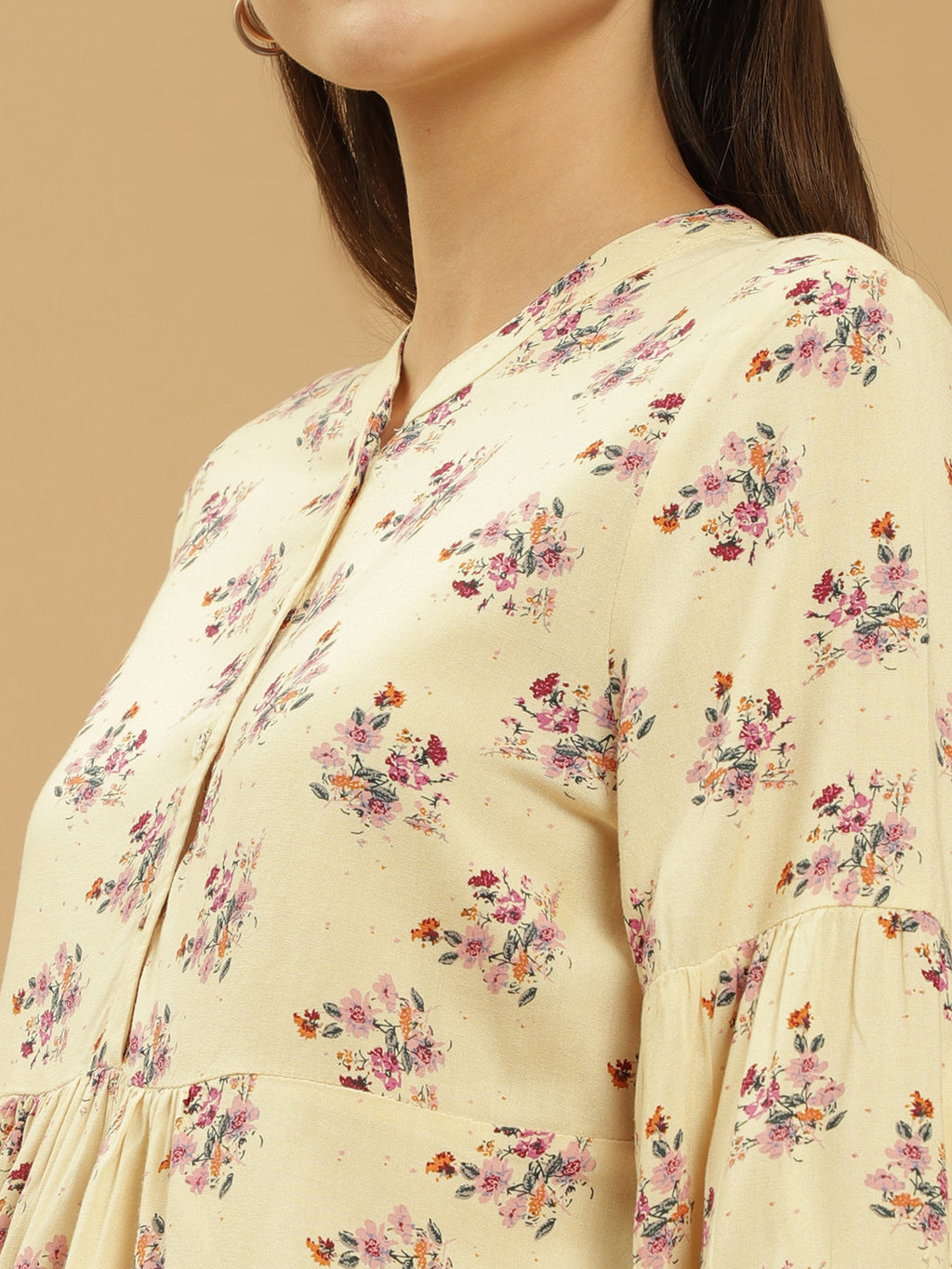 Beatnik Printed Casual Wear 3/4th Sleeve Flared Beige Tunic Beatnik India