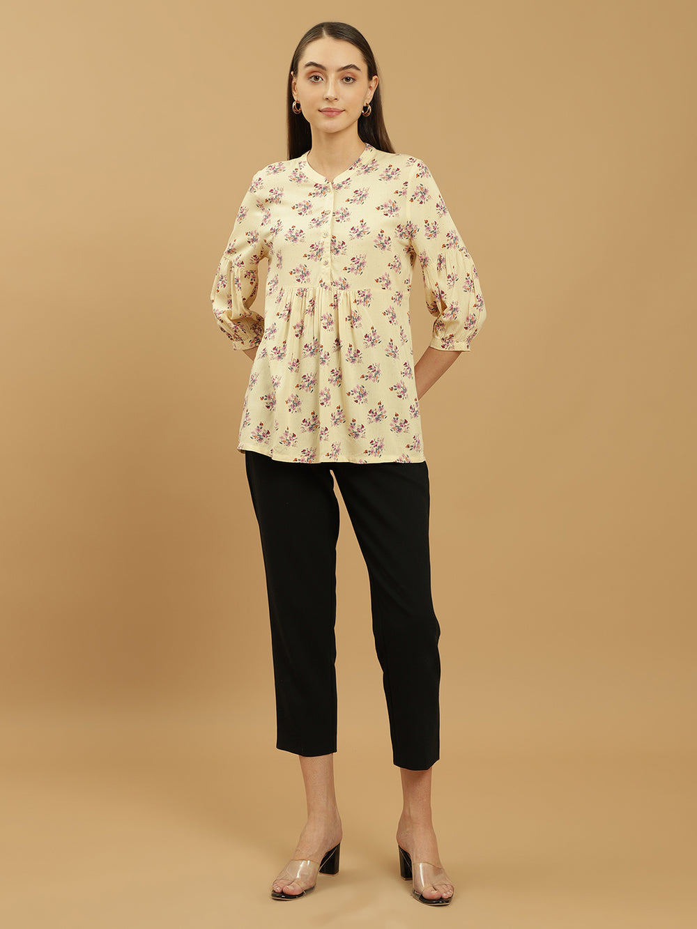 Beatnik Printed Casual Wear 3/4th Sleeve Flared Beige Tunic Beatnik India