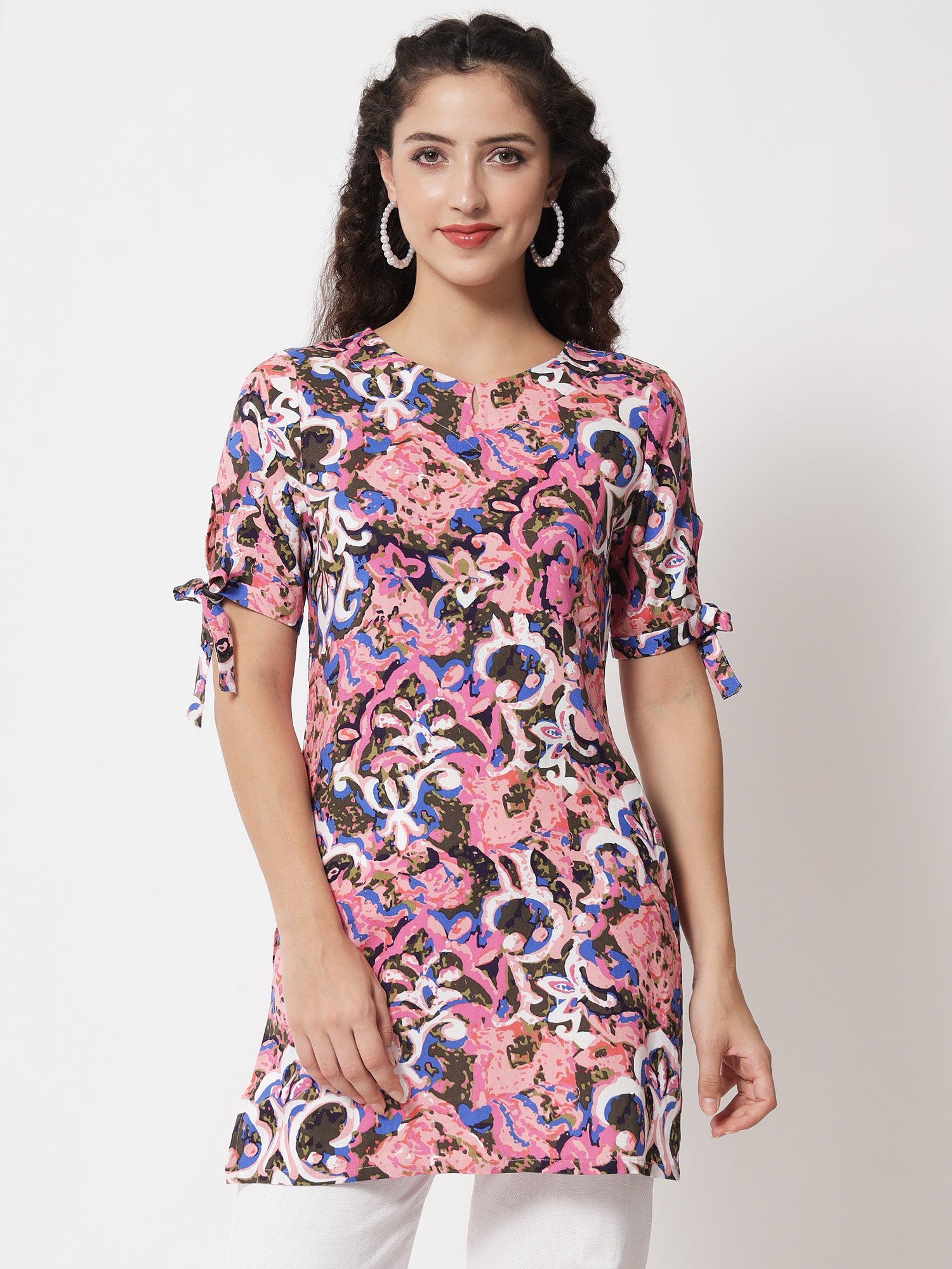 Beatnik Printed Casual Wear Blue 3/4th Sleeve Short Tunic Beatnik India