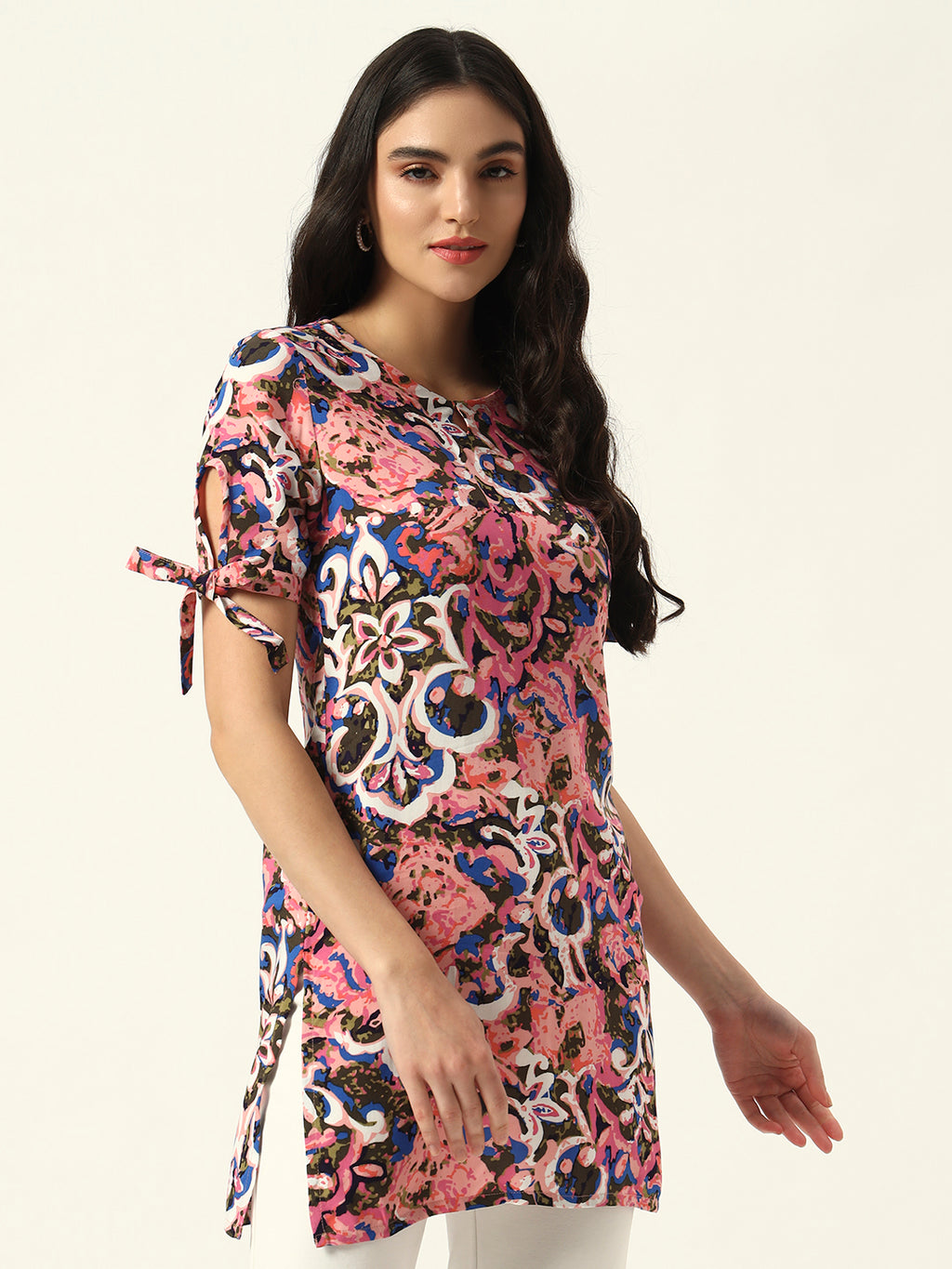 Beatnik Printed Casual Wear Blue 3/4th Sleeve Short Tunic