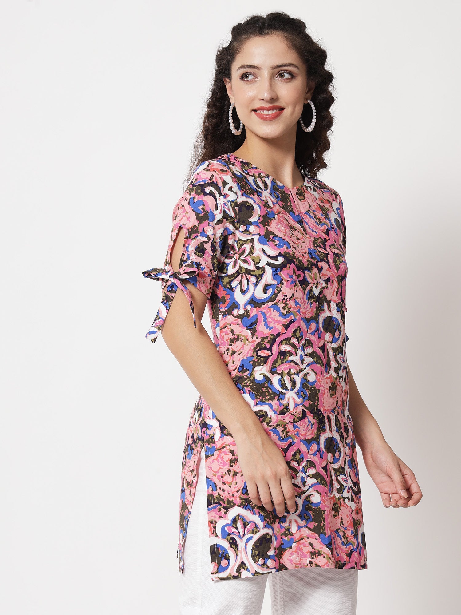 Beatnik Printed Casual Wear Blue 3/4th Sleeve Short Tunic Beatnik India