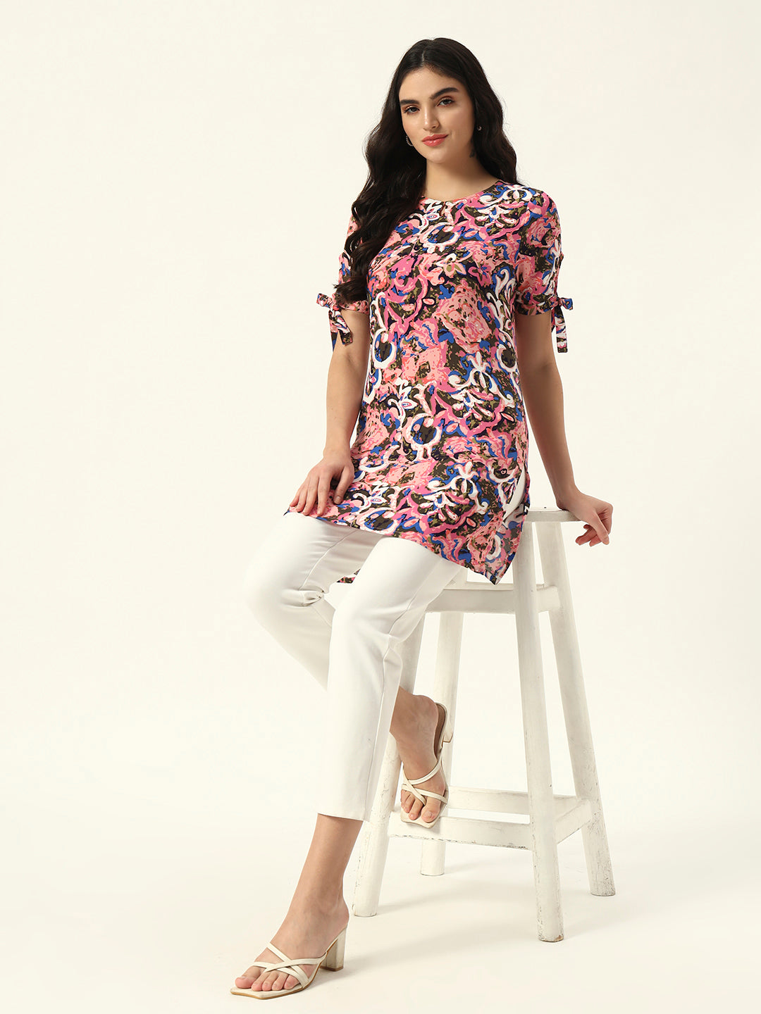 Beatnik Printed Casual Wear Blue 3/4th Sleeve Short Tunic