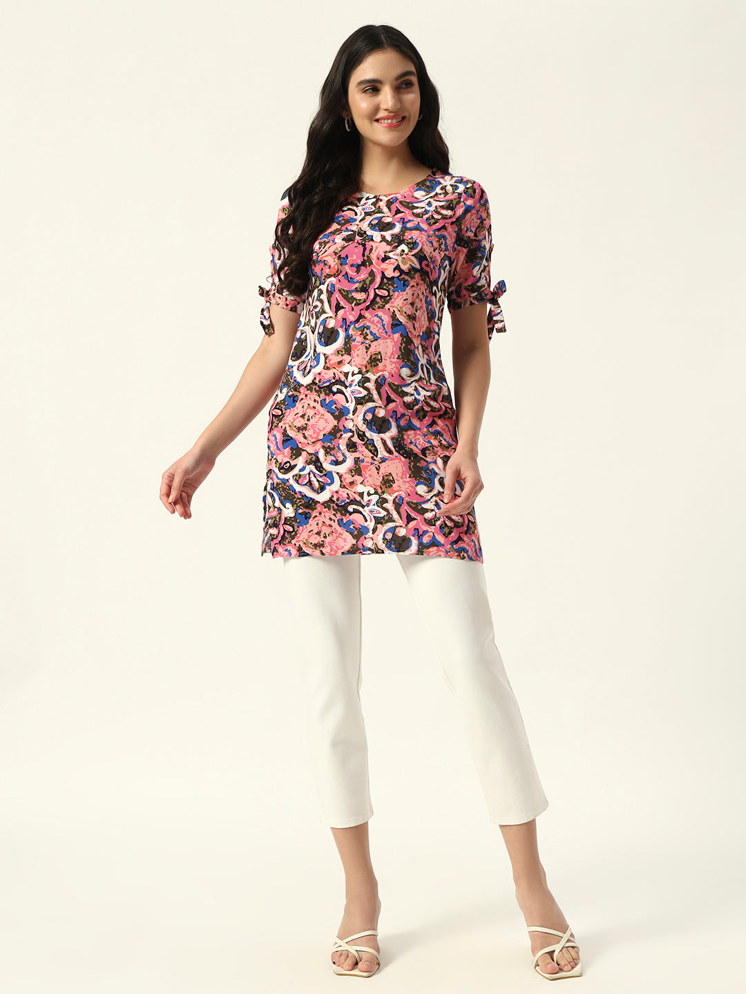 Beatnik Printed Casual Wear Blue 3/4th Sleeve Short Tunic