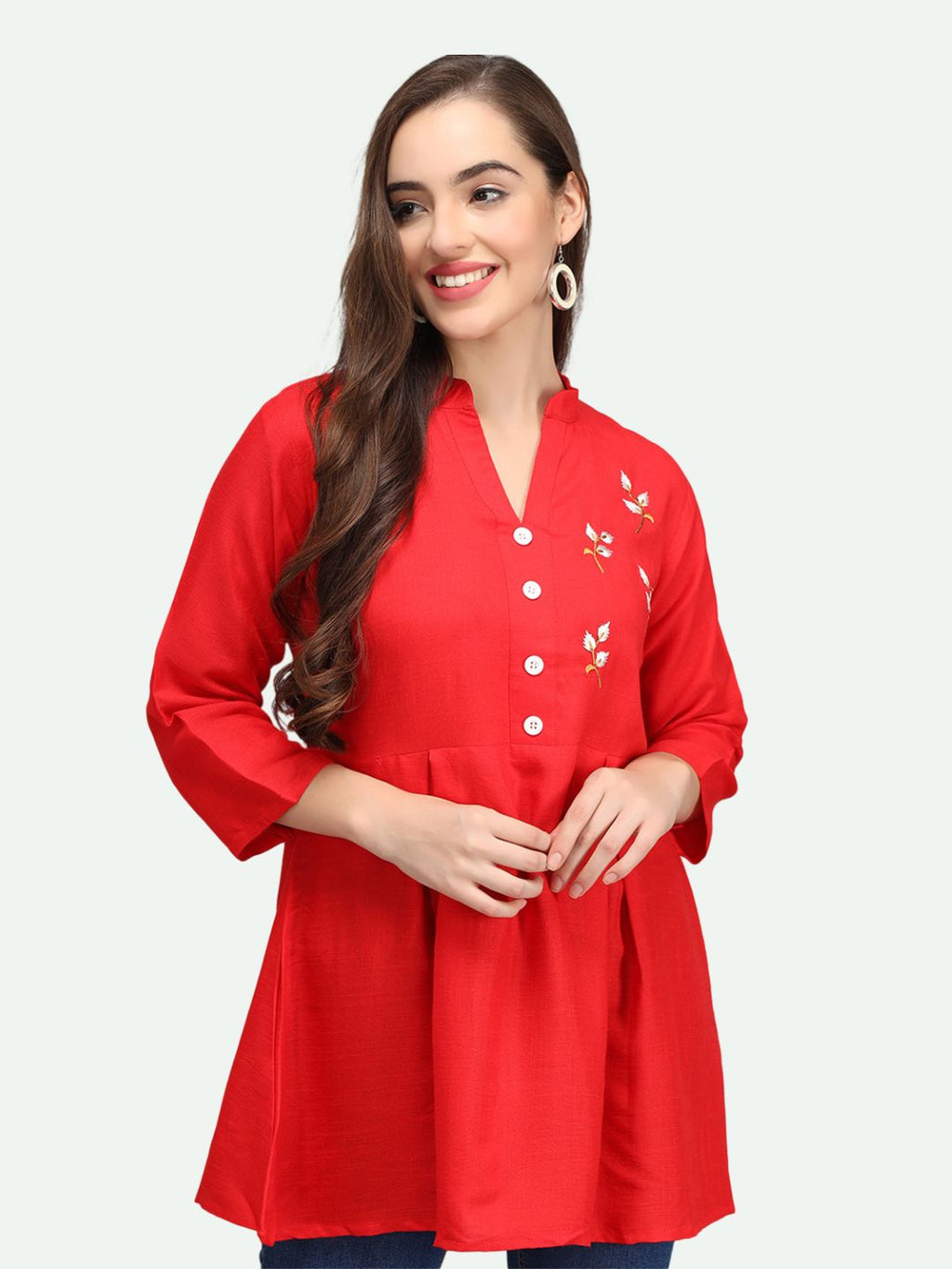 Beatnik Rayon Red Round Neck Womens Tunic Beatnik India