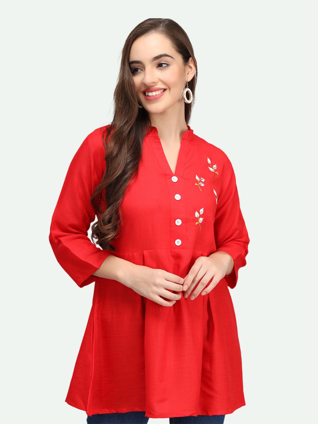 Beatnik Rayon Red Round Neck Womens Tunic Beatnik India
