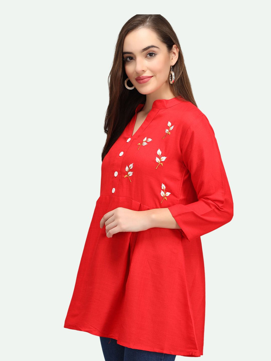 Beatnik Rayon Red Round Neck Womens Tunic Beatnik India