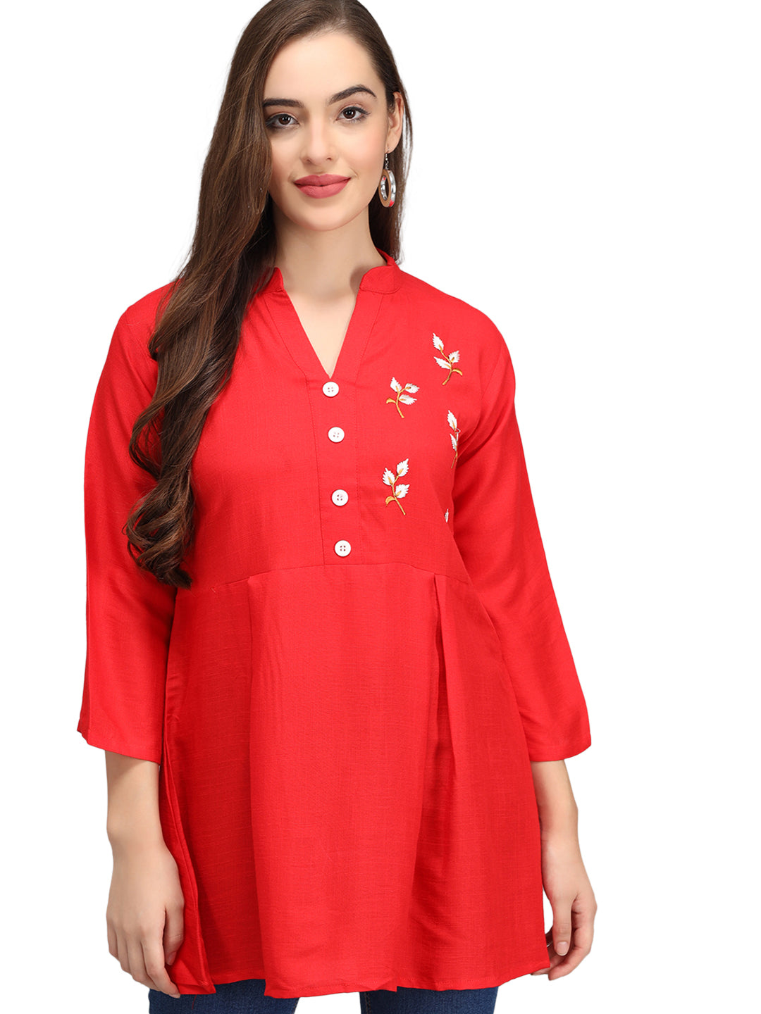 Beatnik Rayon Red Round Neck Womens Tunic Beatnik India