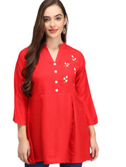 Beatnik Rayon Red Round Neck Womens Tunic Beatnik India
