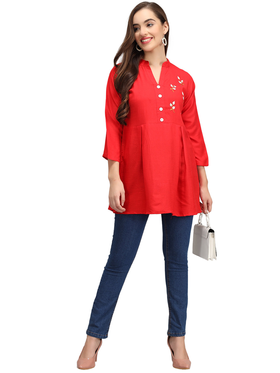 Beatnik Rayon Red Round Neck Womens Tunic Beatnik India