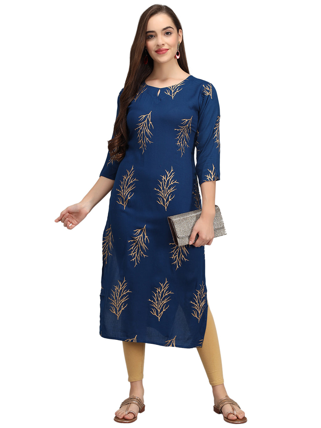 Beatnik Printed Blue Casual Wear 3/4th Sleeve A-line Kurti Beatnik India