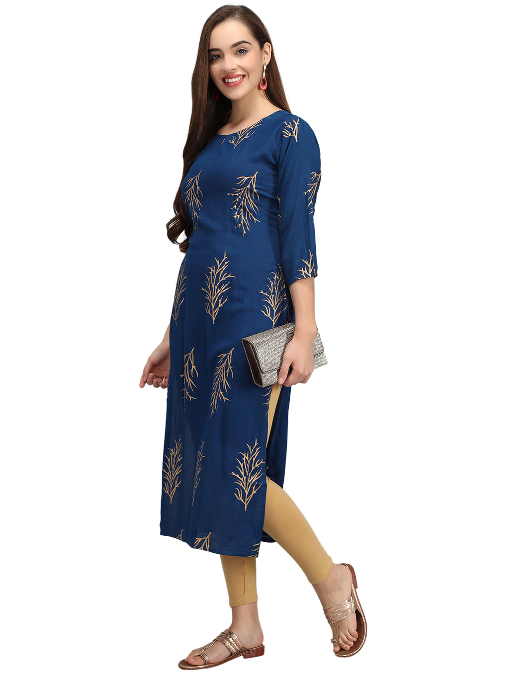 Beatnik Printed Blue Casual Wear 3/4th Sleeve A-line Kurti Beatnik India