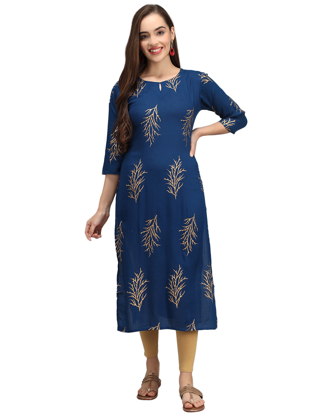 Beatnik Printed Blue Casual Wear 3/4th Sleeve A-line Kurti Beatnik India