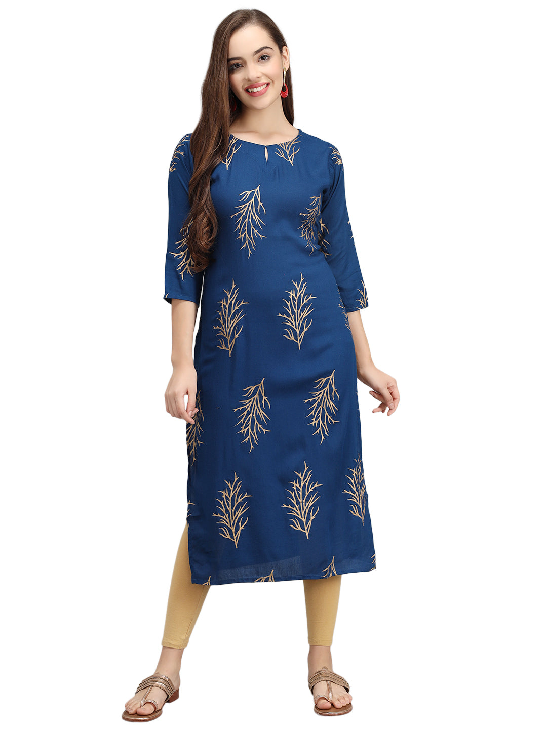 Beatnik Printed Blue Casual Wear 3/4th Sleeve A-line Kurti Beatnik India