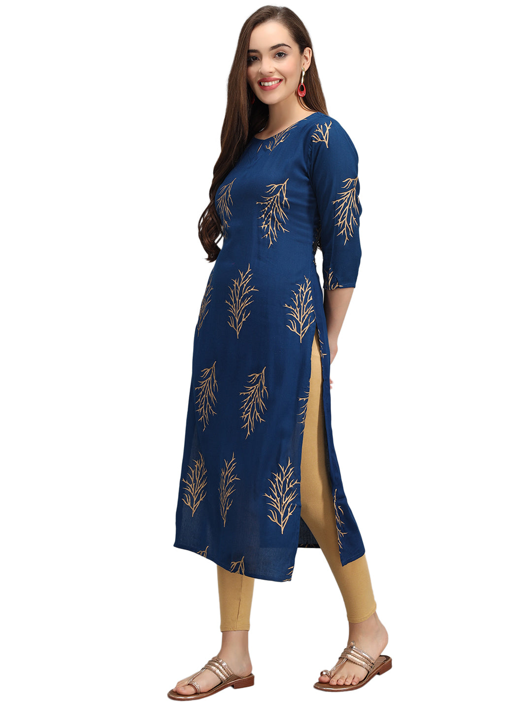 Beatnik Printed Blue Casual Wear 3/4th Sleeve A-line Kurti Beatnik India