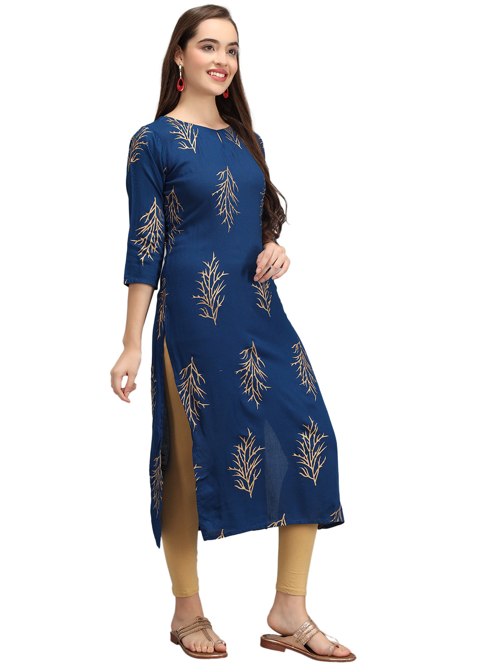 Beatnik Printed Blue Casual Wear 3/4th Sleeve A-line Kurti Beatnik India