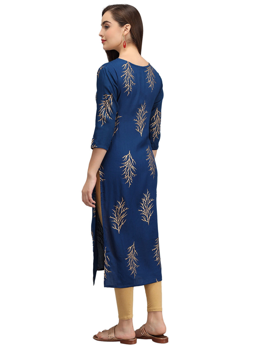 Beatnik Printed Blue Casual Wear 3/4th Sleeve A-line Kurti Beatnik India