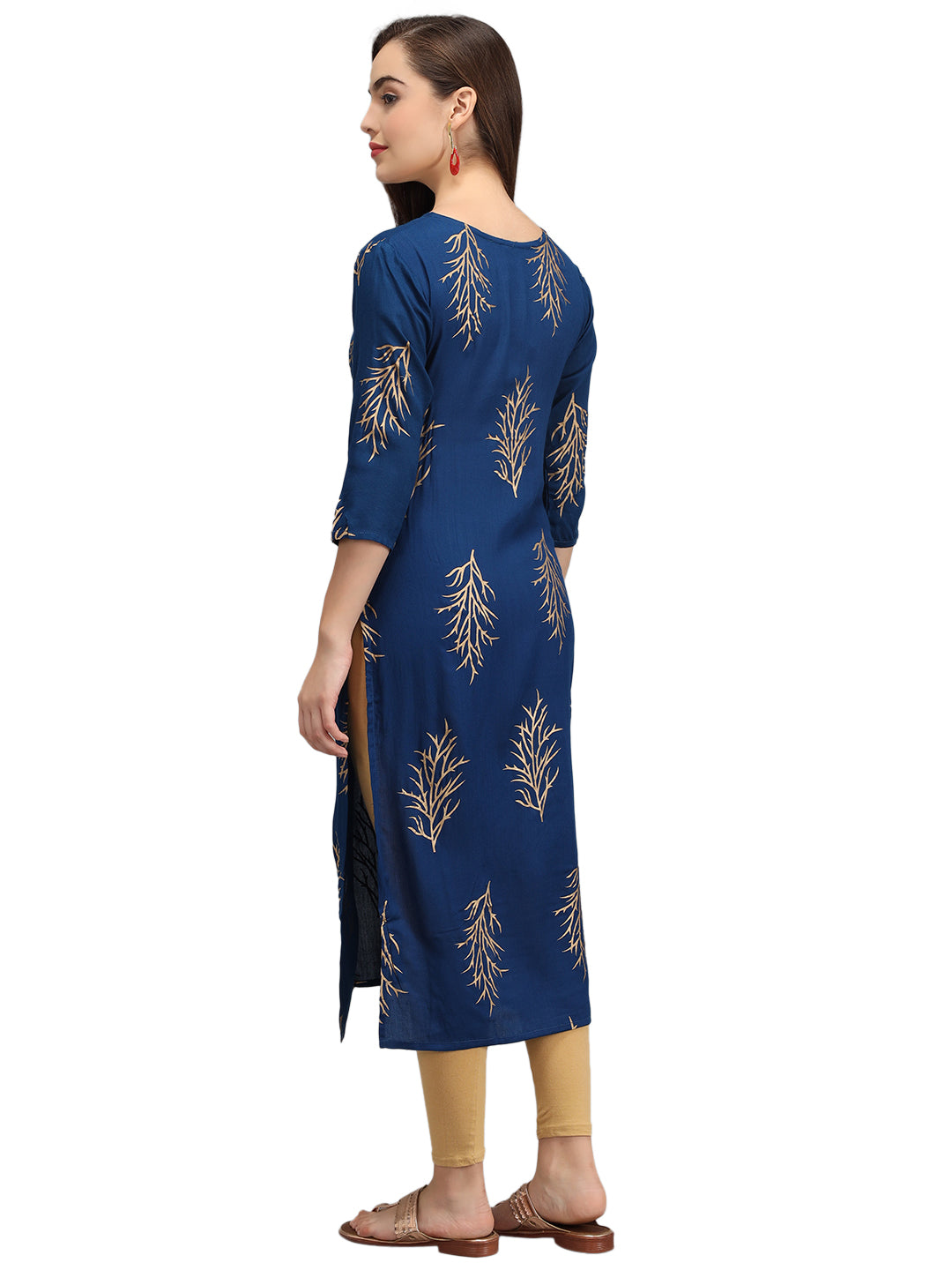 Beatnik Printed Blue Casual Wear 3/4th Sleeve A-line Kurti Beatnik India